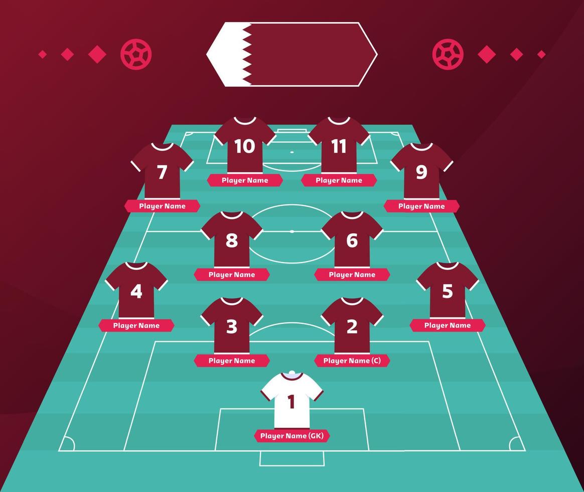 formación del equipo de fútbol de qatar. campo de fútbol o fútbol con camiseta 11 con ilustración vectorial de números. alineación de fútbol vector
