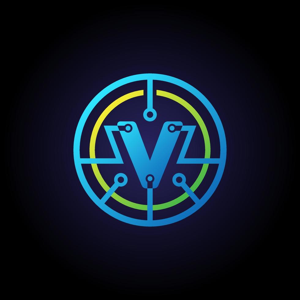 plantilla de diseño de logotipo de letra v inicial, logotipo de vector de icono de tecnología en círculo