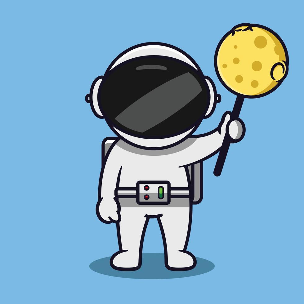 astronauta sosteniendo la ilustración vectorial de dibujos animados de la luna. estilo de dibujos animados plana. vector
