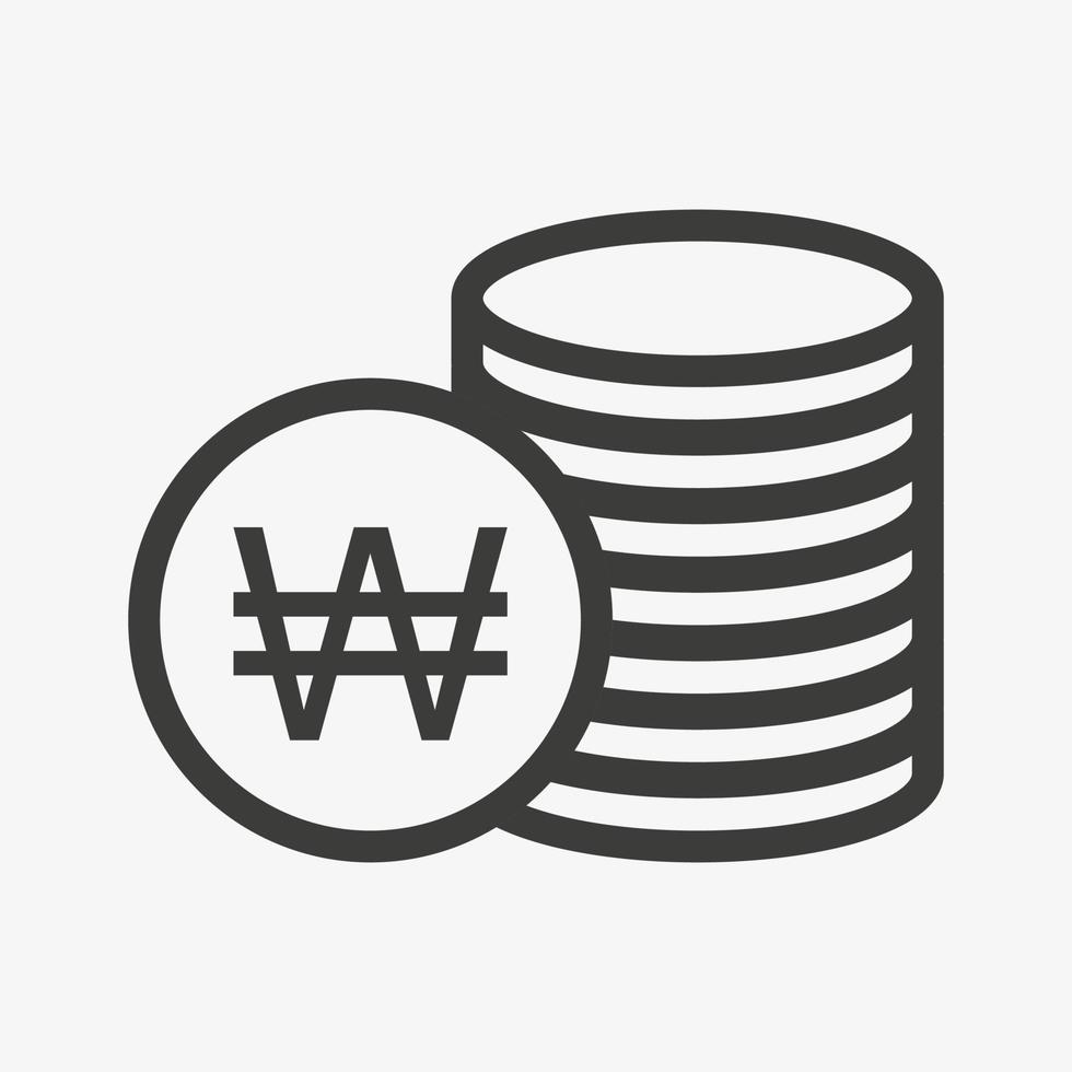 Won icon. Money outline vector illustration. Pile of coins icon isolated on white background. Stacked cash. South korean currency symbol.
