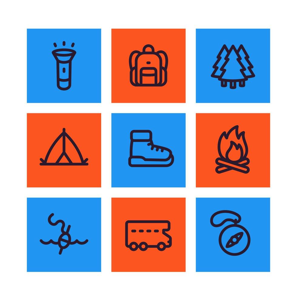 Camping line icons set, backpack, hike, tent, boots, forest, compass, fishing, camper vector