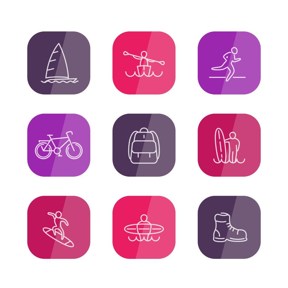 viajes, aventuras, iconos de línea de surf, iconos cuadrados redondeados en blanco, ilustración vectorial vector