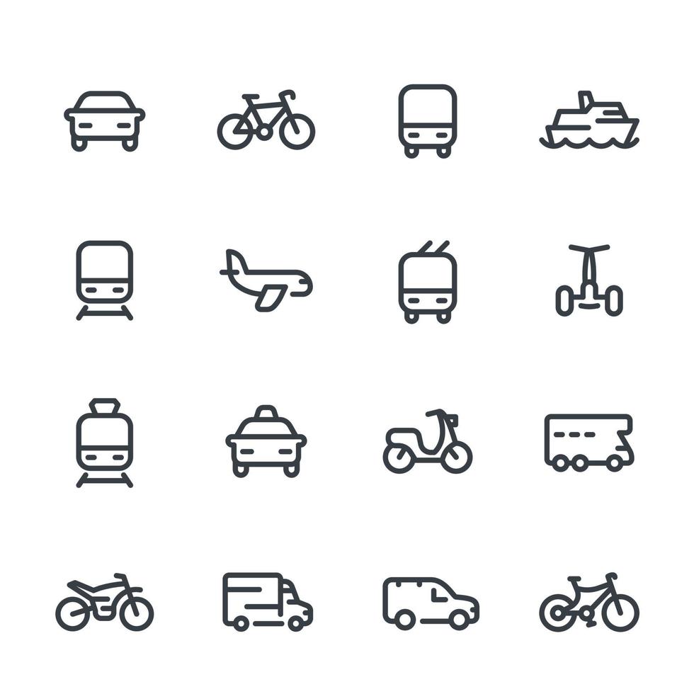 iconos de línea de transporte sobre blanco, coches, tren, avión, furgoneta, bicicleta, moto, autobús, taxi, trolebús, metro, transporte público, aire y vector