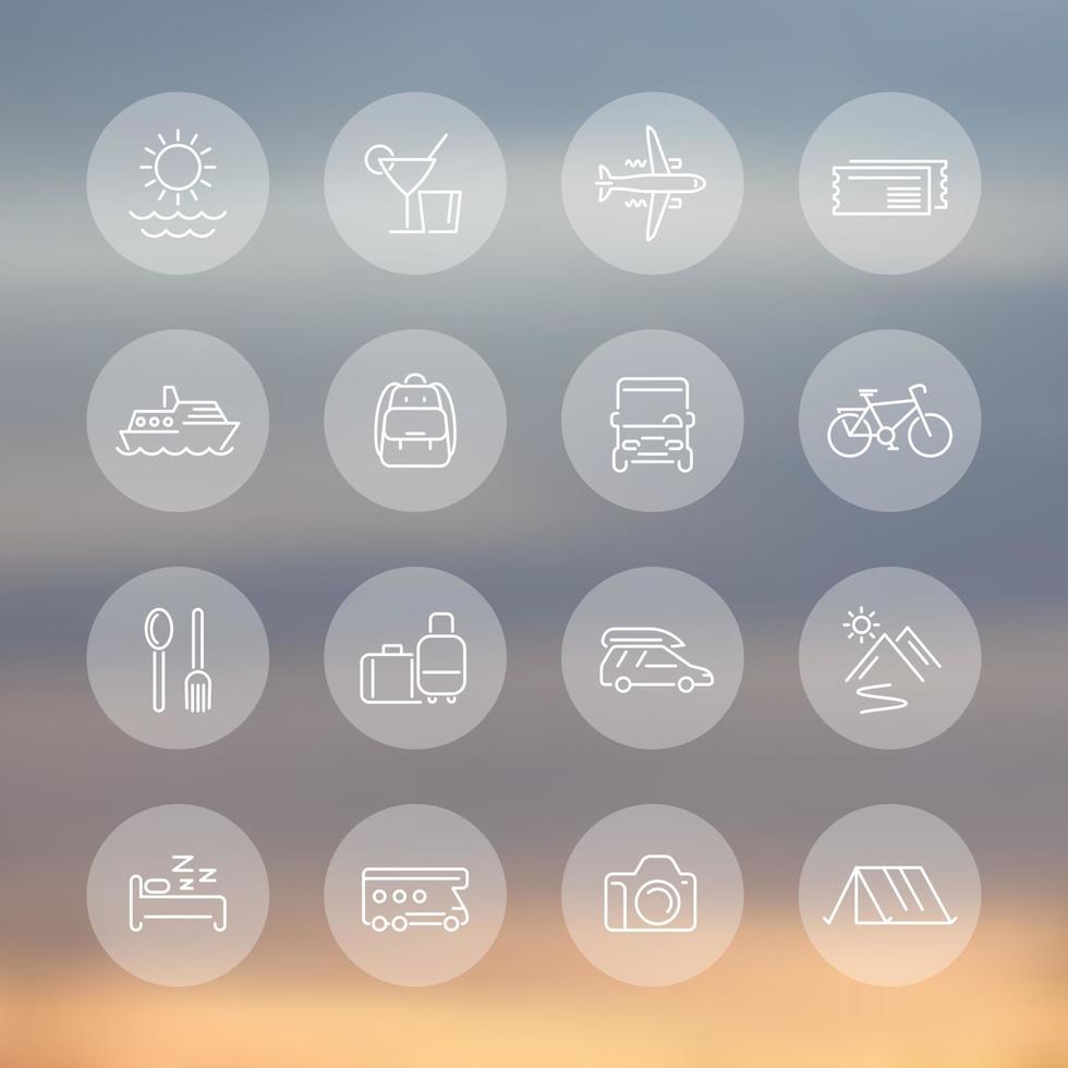 Travel, tourism line icons, recreation, trip, tour, journey transparent icons set, vector illustration
