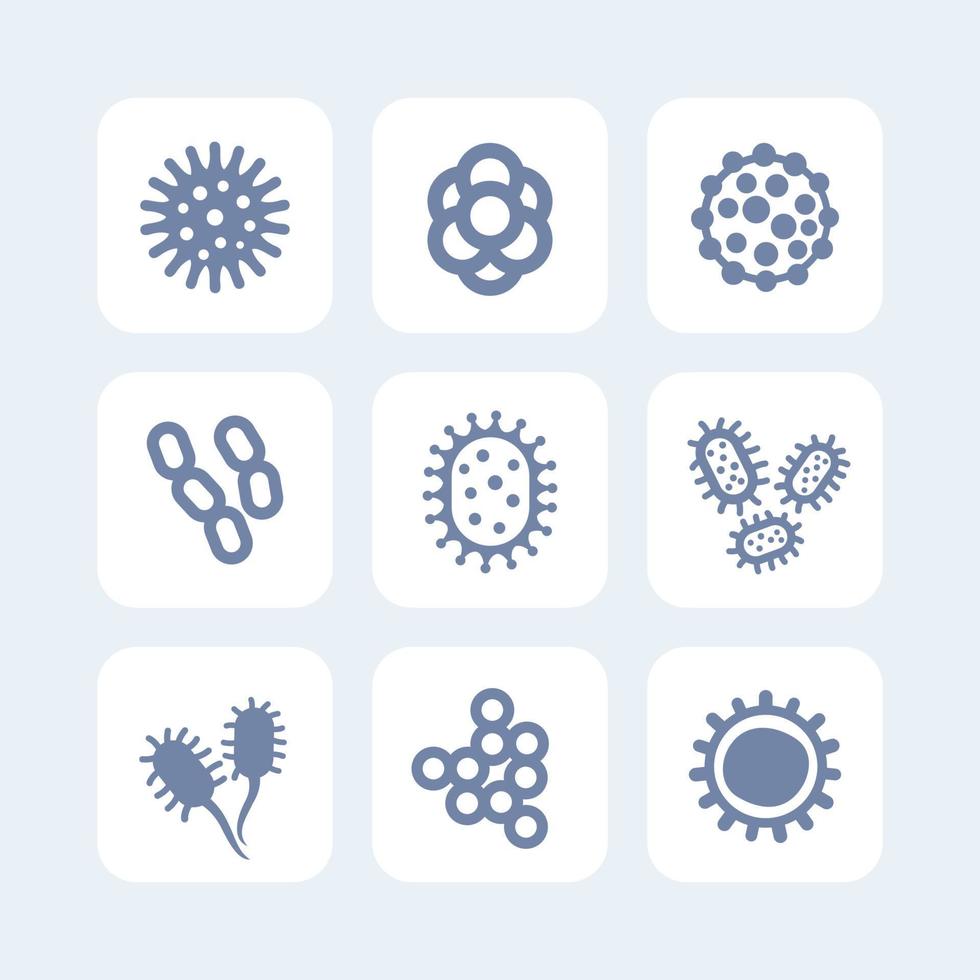 bacteria, microbes and viruses icons set on white vector