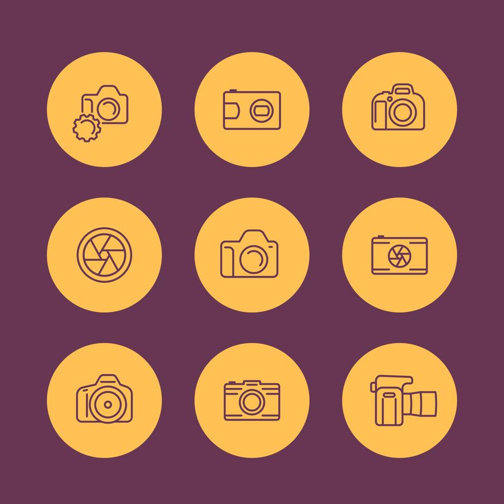 iconos de línea de cámara, dslr, diafragma, fotografía, pictograma de cámara, icono redondo plano, ilustración vectorial vector