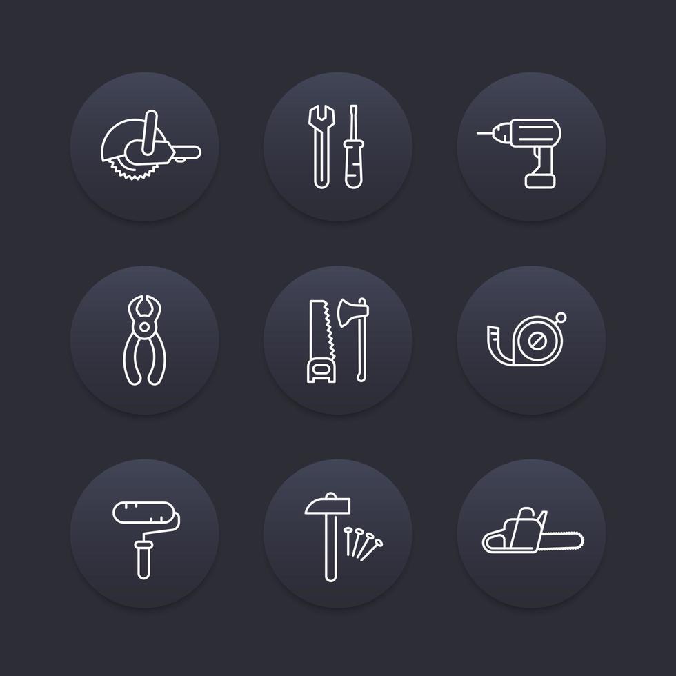 construction tools line icons, wrench, drill, saw icon, construction tools pictograms, dark round icons, vector illustration