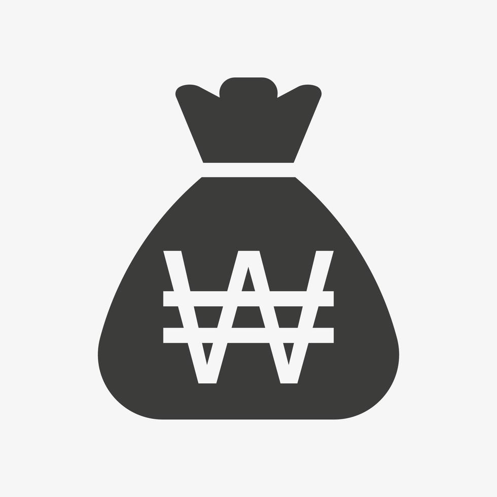 Won icon. Money bag flat icon vector pictogram. Sack with South korean won isolated on white background. Korean currency symbol.