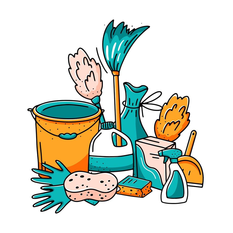 Cleaning service concept. Set of isolated hand drawn vector elements in doodle style