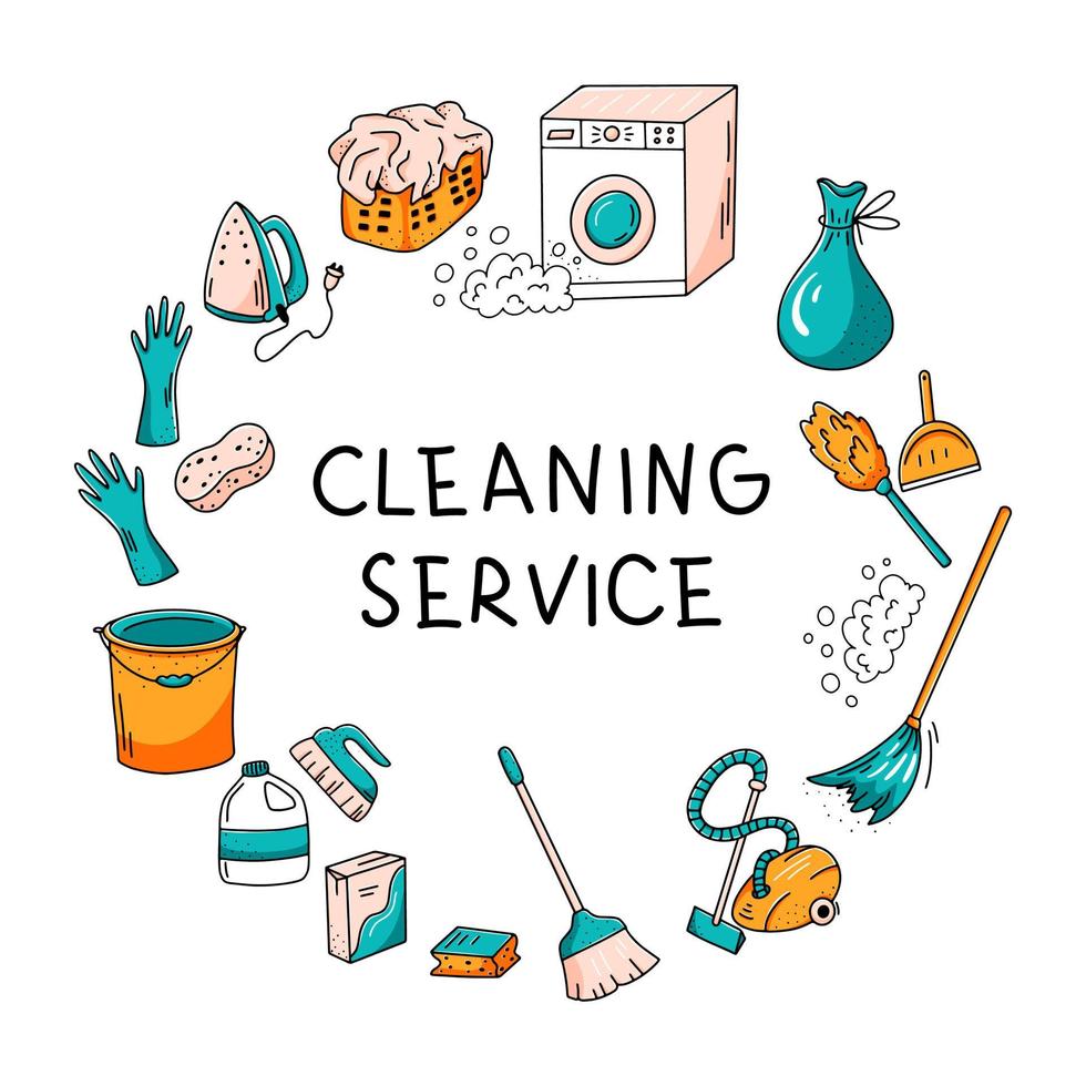 Cleaning service concept. Set of isolated hand drawn house and office cleaning items. Mops, sponges, iron, washing machine, dustpan, detergents, bucket and gloves vector