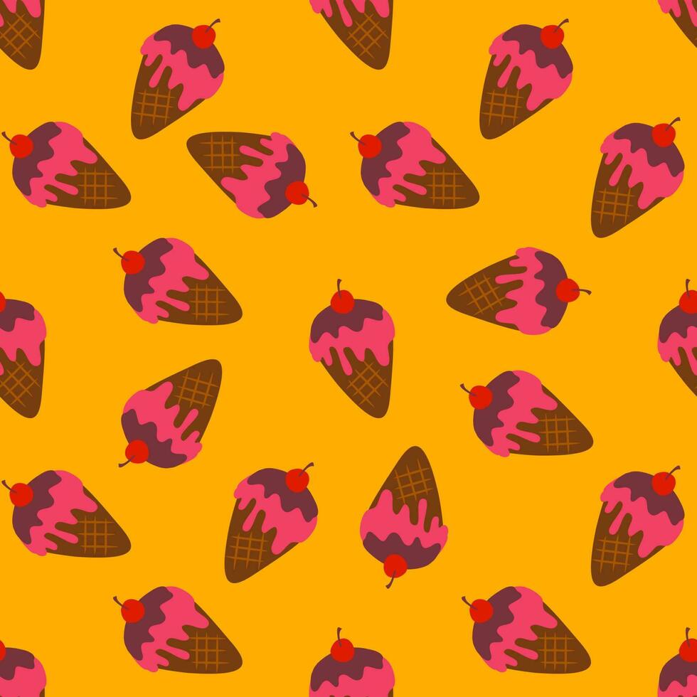 Seamless background with chocolate cones pink ice cream on a cream background. vector