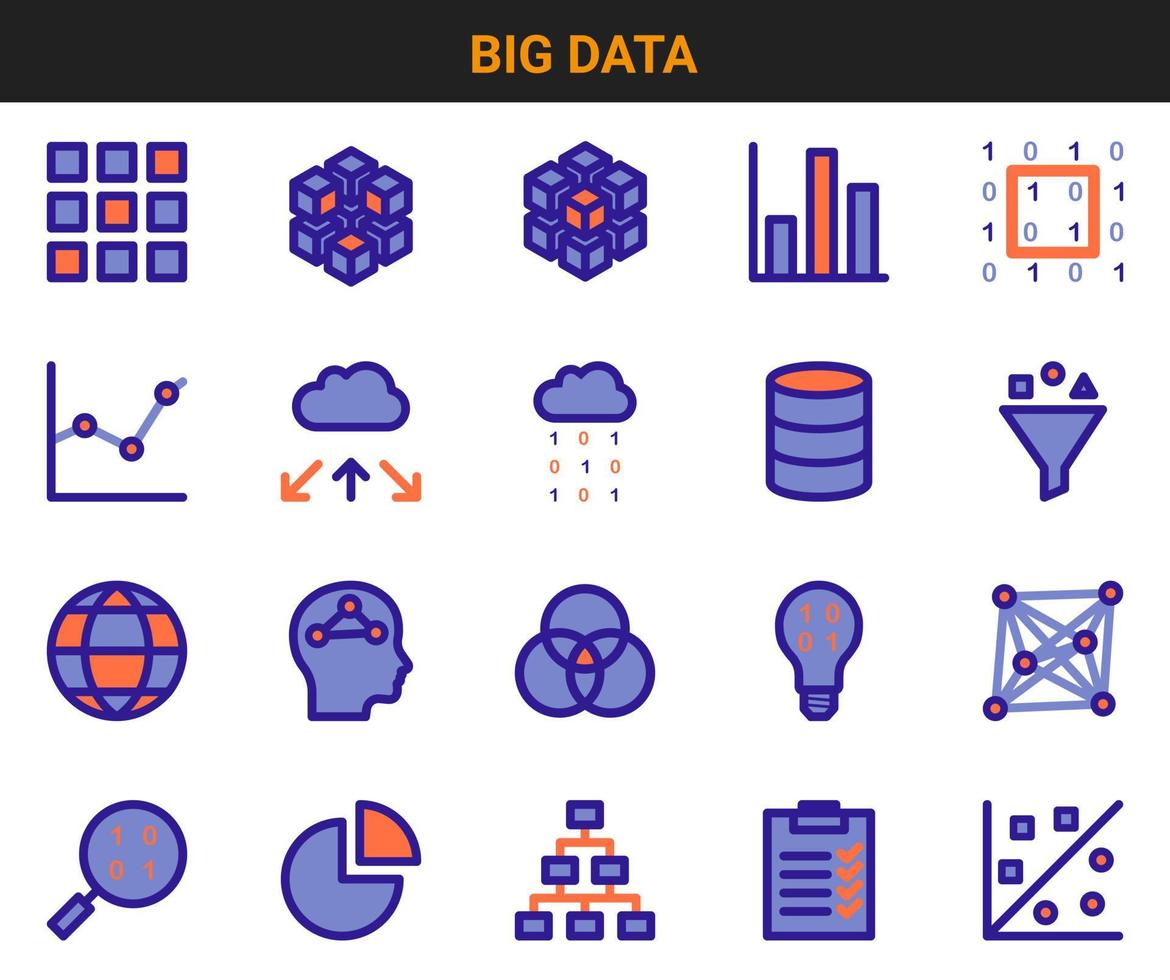Big data and Machine learning icon set. Vector icons for 2D and 3D arrays, bar graph, binary code, database, filter, cloud and data rain etc.