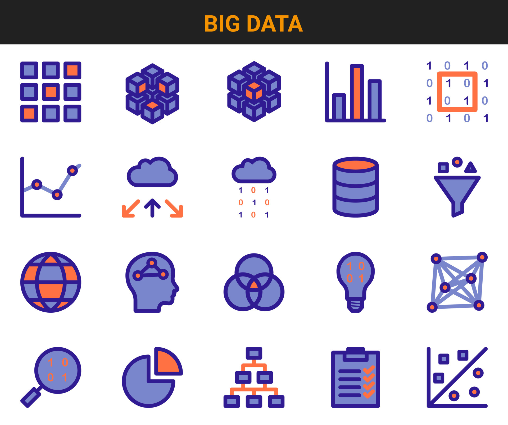 Big data and Machine learning icon set. Vector icons for 2D and 3D ...
