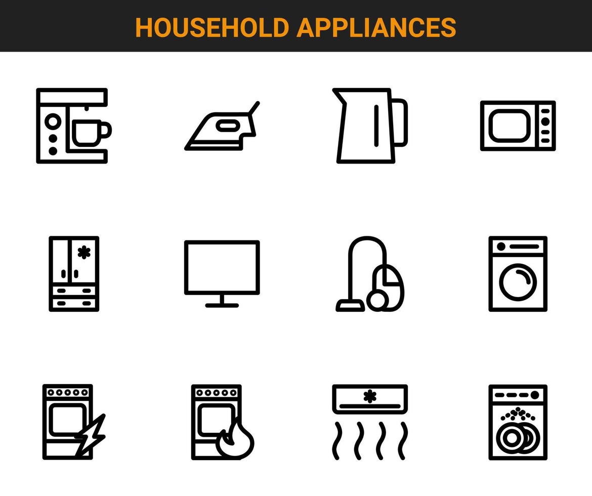 Household appliances linear icon set. Contains icons such as coffee machine, iron, electric kettle, microwave, refrigerator, vacuum cleaner, dishwasher and others. vector