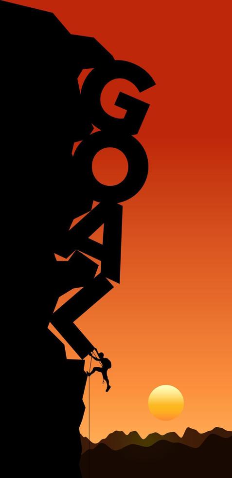 Silhouette of a climber on a cliff with GOAL rock. vector