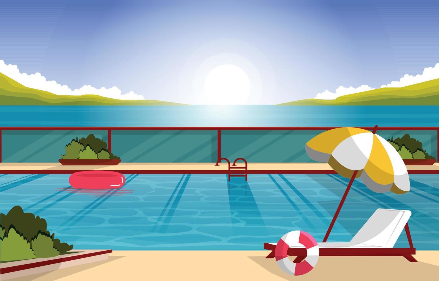 Nature Swimming Pool Summer Holiday Leisure Relaxation Flat Design Illustration vector