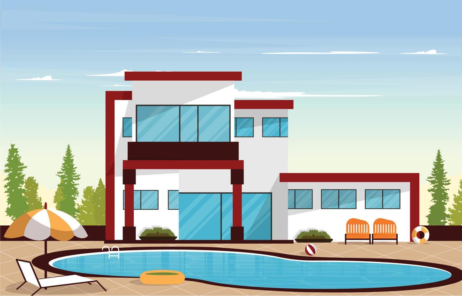 piscina al aire libre casa de lujo ocio relajación diseño plano ilustración vector