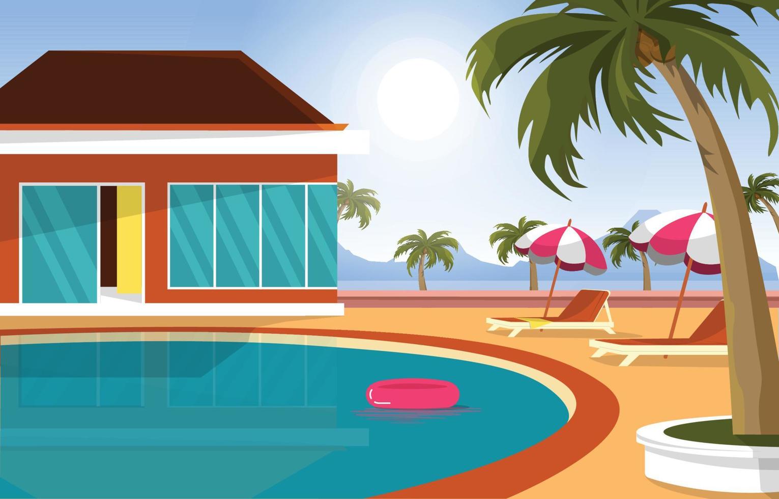 Outdoor Swimming Pool  House Summer Leisure Relaxation Flat Design Illustration vector