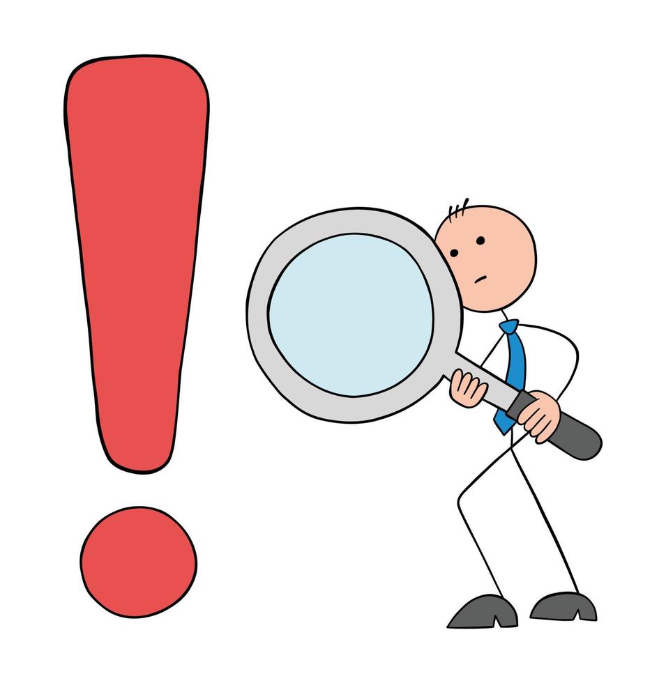 Stickman businessman examines exclamation mark danger with magnifying glass, hand drawn outline cartoon vector illustration.