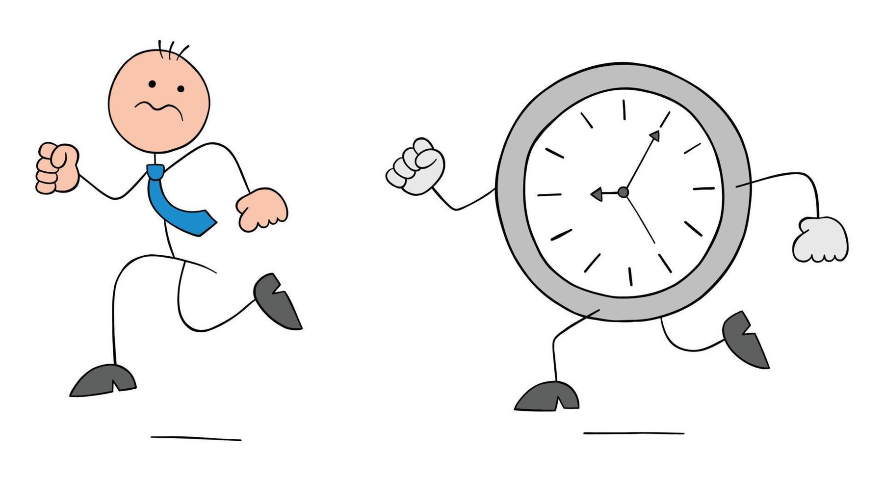 Stickman empresario tiene miedo del reloj y se escapa, ilustración vectorial de dibujos animados dibujados a mano vector