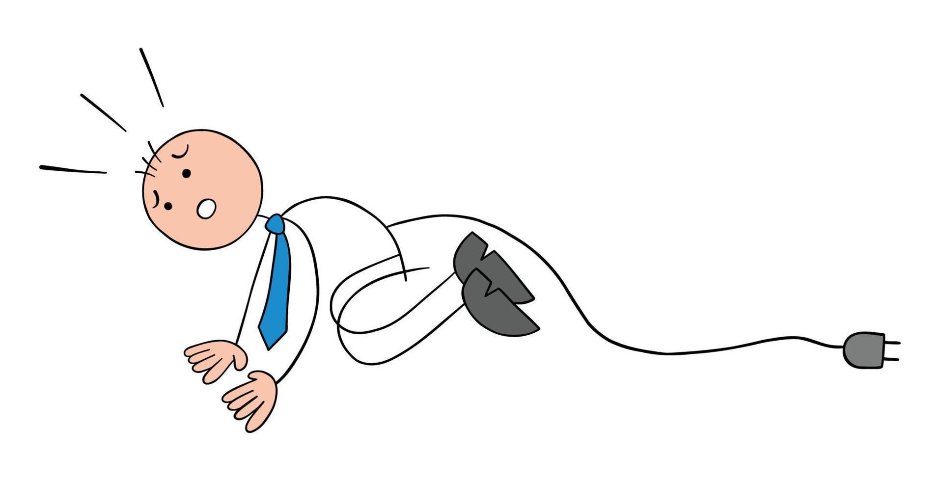 Stickman businessman is out of energy, very tired, hand drawn cartoon vector illustration