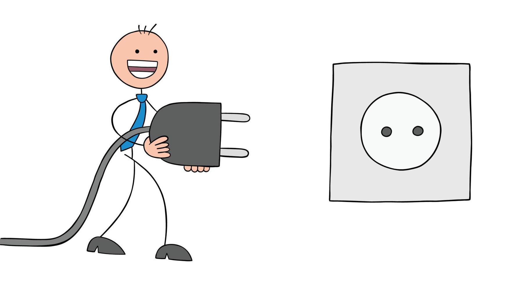 Stickman businessman is walking and carrying the plug to the outlet, hand drawn outline cartoon vector illustration