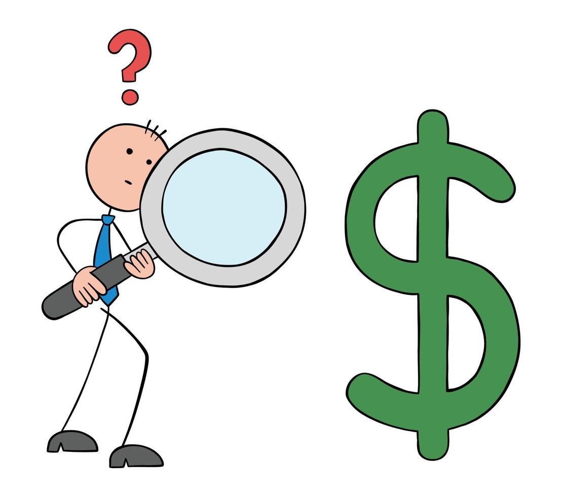 Stickman businessman holding magnifying glass against dollar symbol and examining financial statements, hand drawn outline cartoon vector illustration