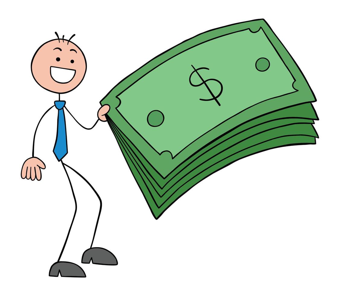 Stickman businessman is very happy and is holding the paper money he has won, hand drawn outline cartoon vector illustration