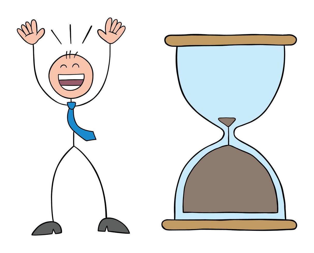 el hombre de negocios stickman está frente al reloj de arena muy feliz de haber completado la tarea antes de la fecha límite, ilustración de vector de dibujos animados de contorno dibujado a mano