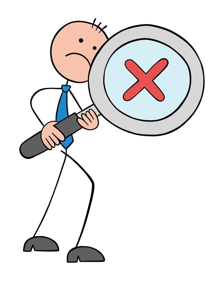 Stickman businessman examines with a magnifying glass and refuses, hand drawn outline cartoon vector illustration