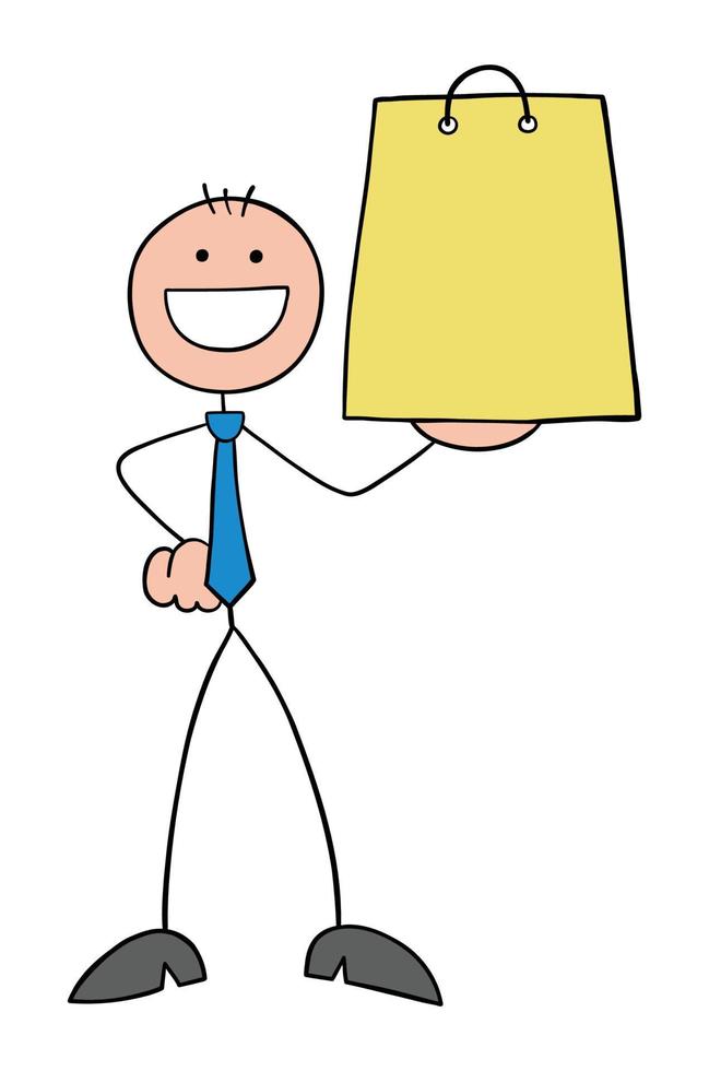 Stickman businessman holding shopping bag, hand drawn outline cartoon vector illustration