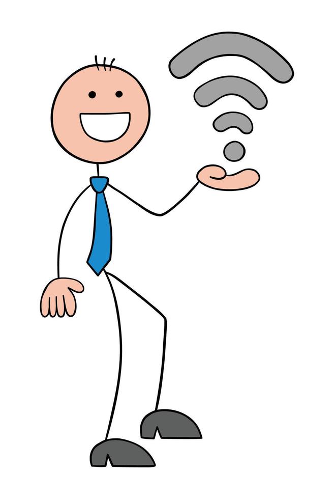 Stickman businessman holding wireless and wifi symbol, hand drawn outline cartoon vector illustration