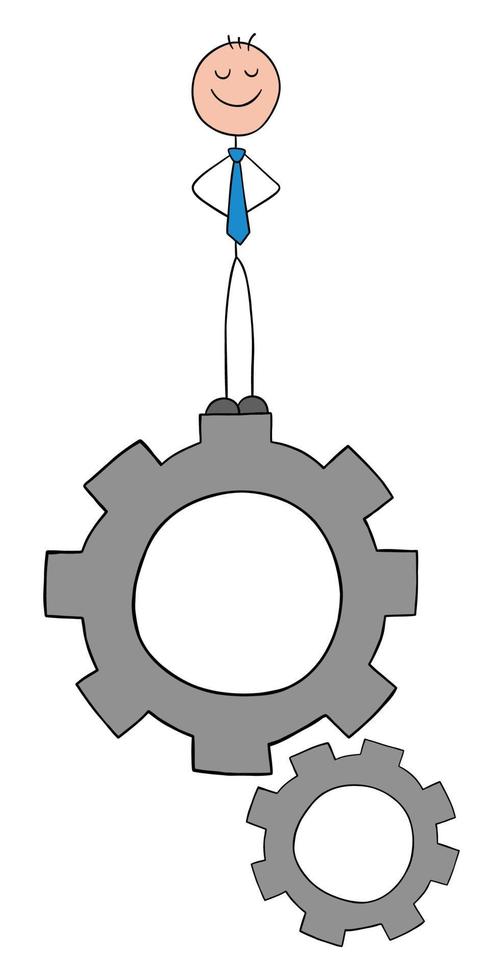 Stickman businessman happy and standing on gears, hand drawn outline cartoon vector illustration