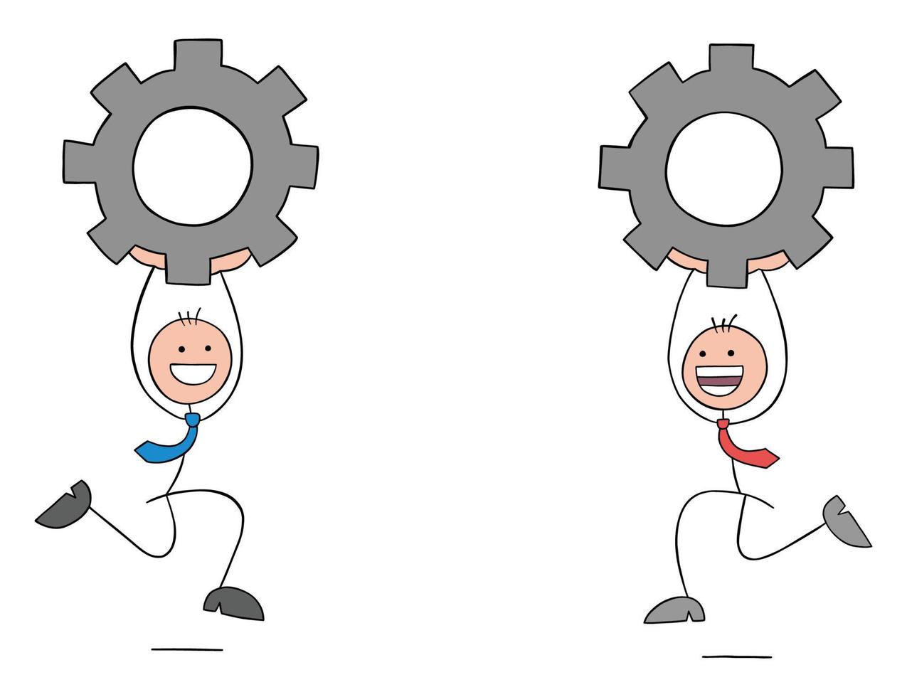 Two stickmen businessmen running towards each other carrying gears, hand drawn outline cartoon vector illustration