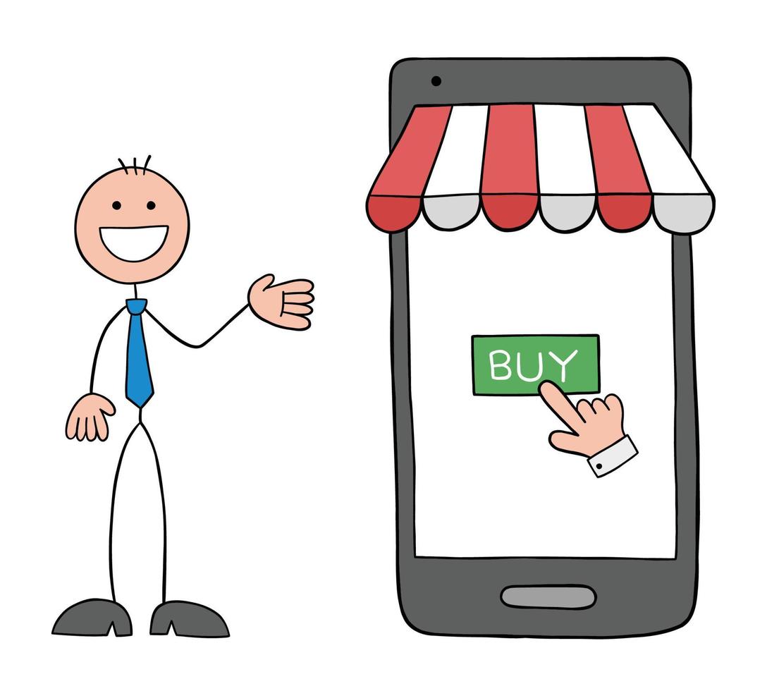 Stickman businessman is in front of the phone and shopping online, hand drawn outline cartoon vector illustration