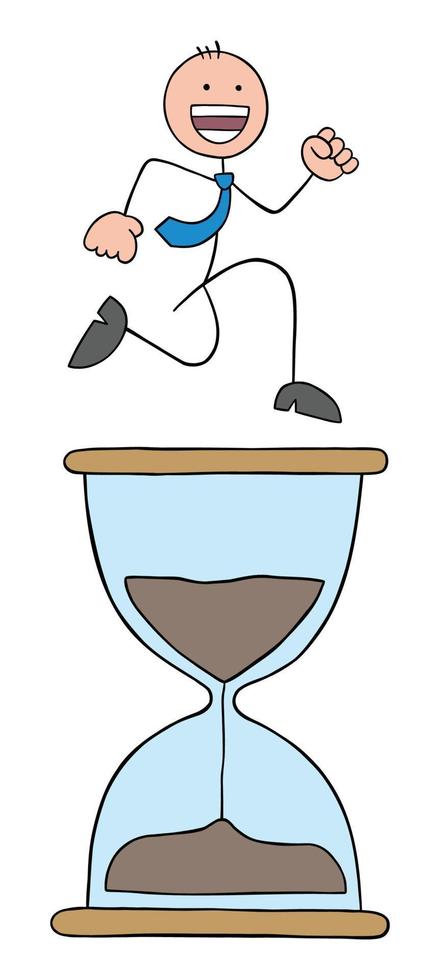 Stickman businessman is happy, energetic and running on the big hourglass, hand drawn cartoon vector illustration