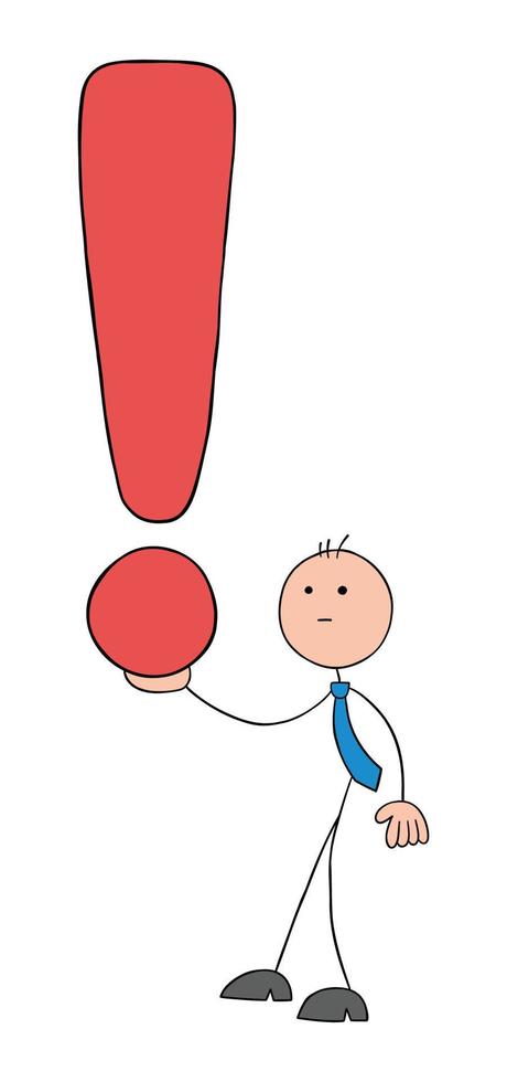 Stickman businessman holding exclamation mark, hand drawn cartoon vector illustration.