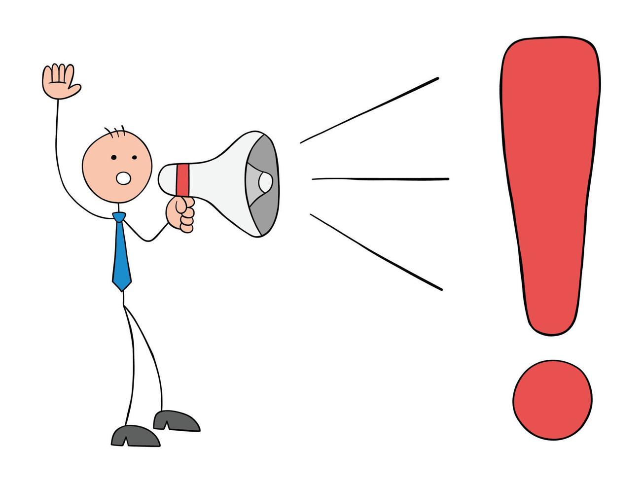 Stickman businessman shouting into megaphone against big exclamation mark danger, hand drawn cartoon vector illustration.