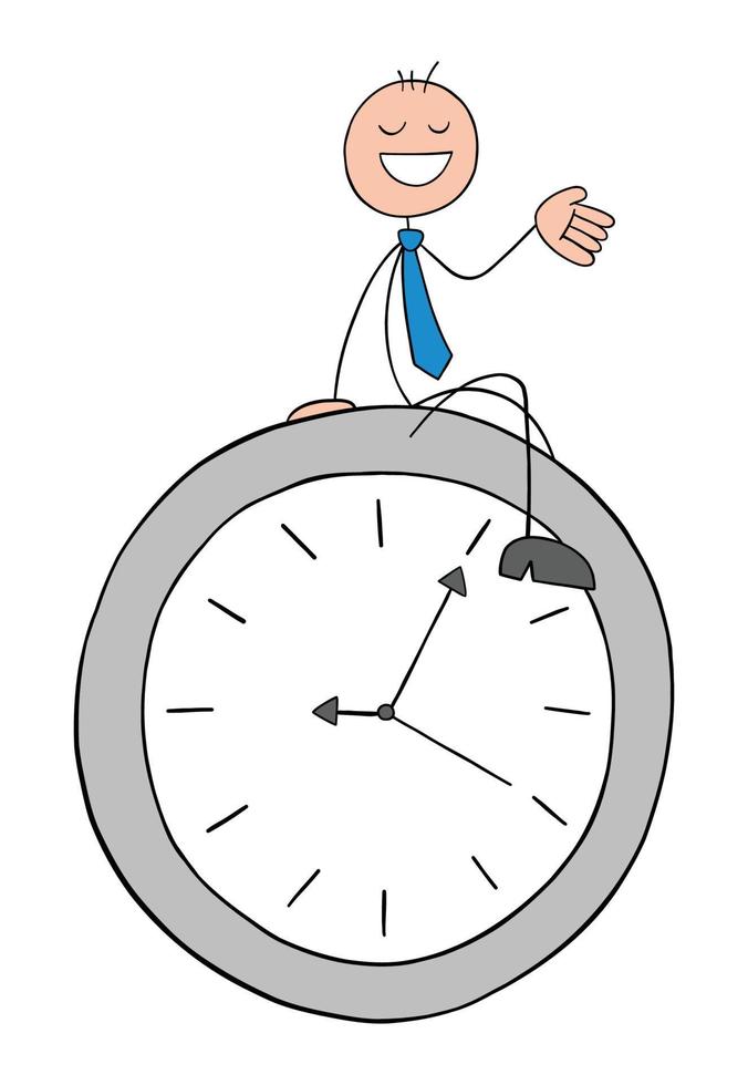 Stickman businessman is sitting on the clock and is very happy, hand drawn cartoon vector illustration