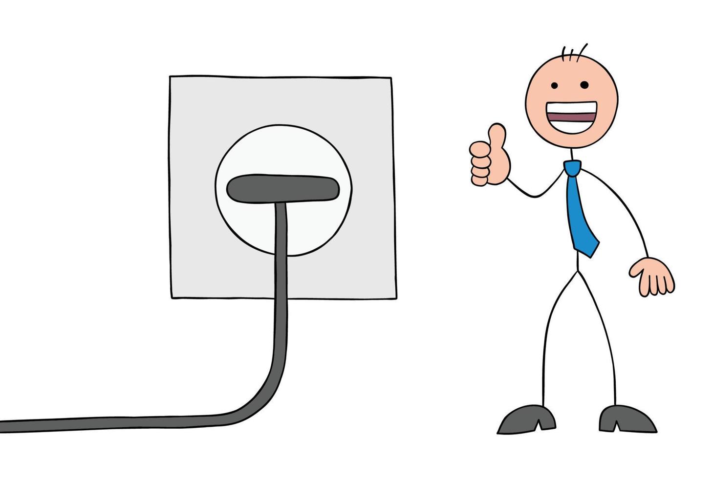 It's plugged in and stickman businessman is showing thumbs up and very happy, hand drawn outline cartoon vector illustration