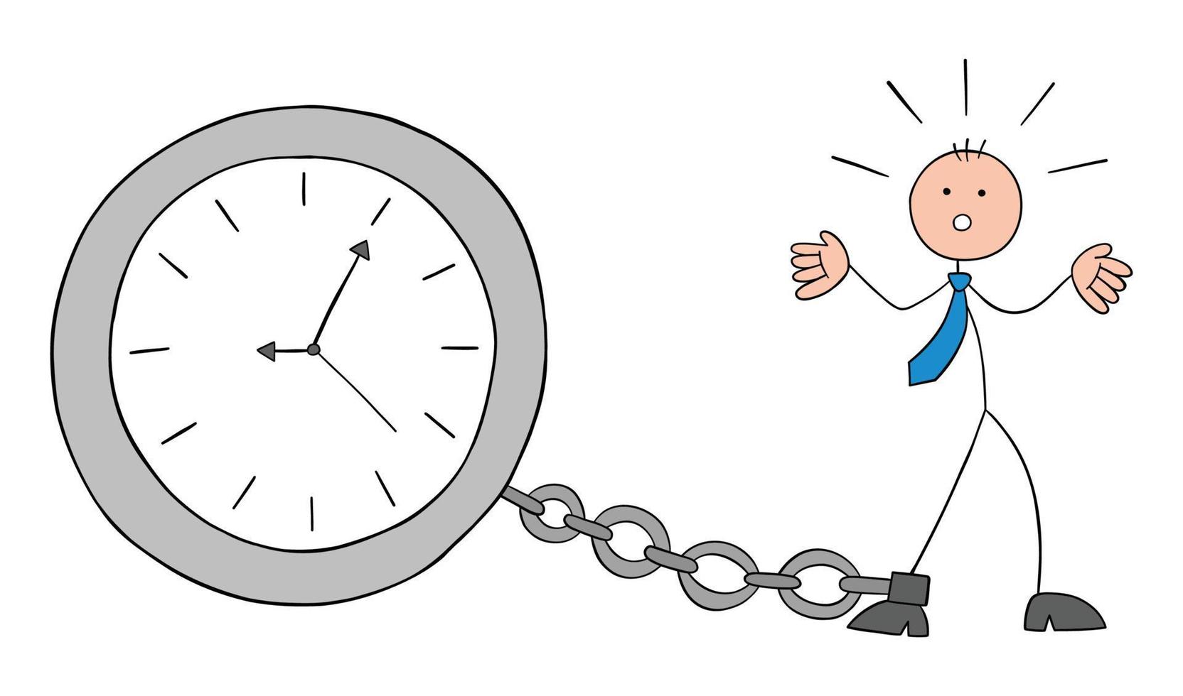 Stickman businessman was tied to the clock with a chain and became a prisoner of time, hand drawn cartoon vector illustration