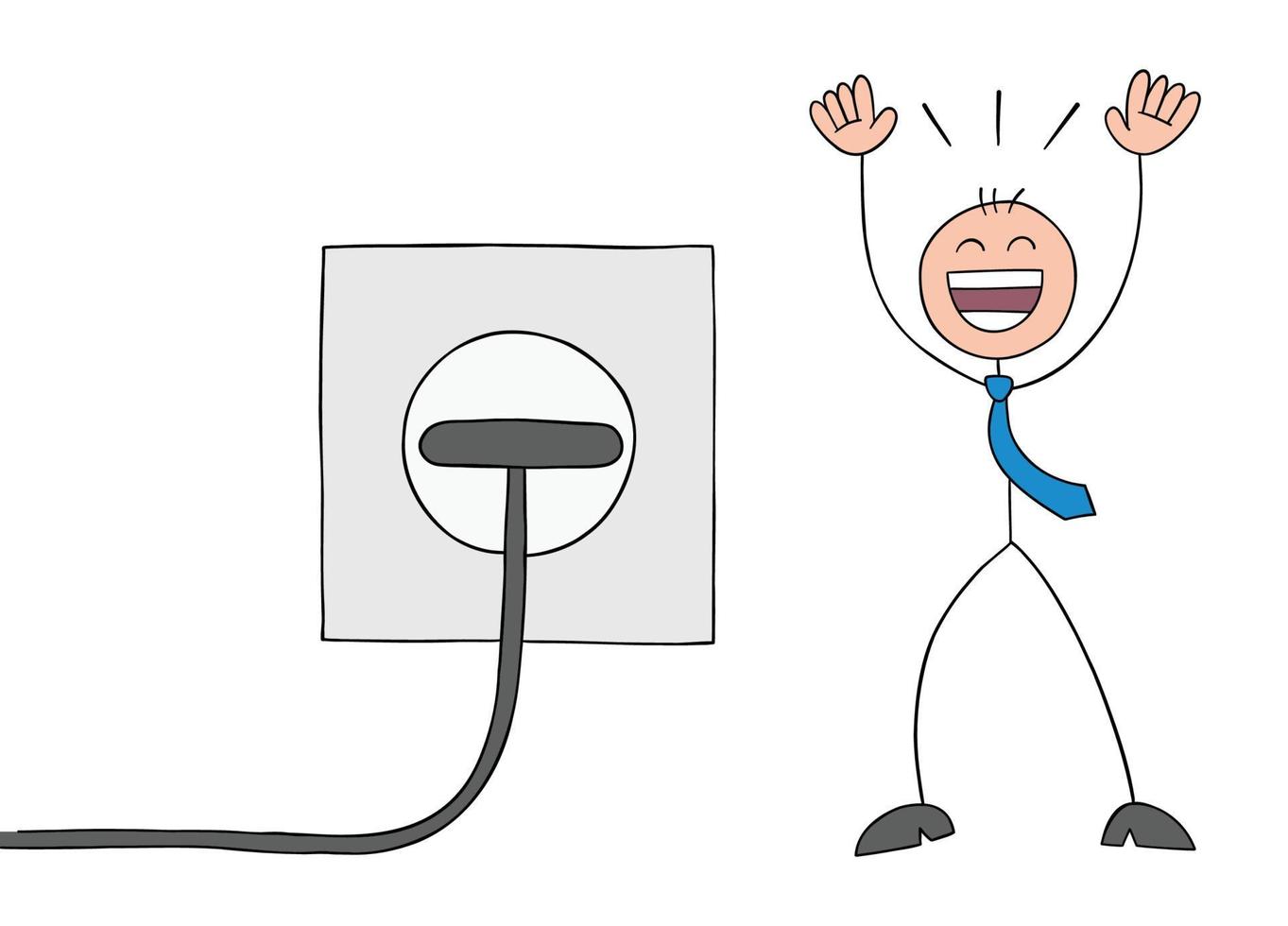 Stickman businessman is very happy that the plug is in the socket, hand drawn cartoon vector illustration