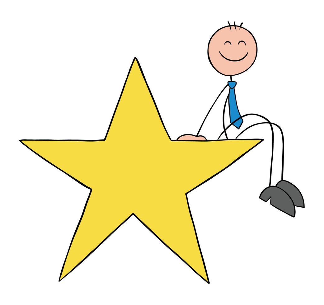 Stickman businessman is sitting on the big star and is happy, hand drawn outline cartoon vector illustration