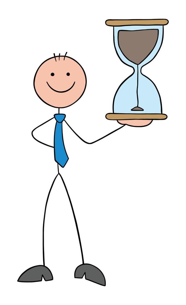 hombre de negocios stickman sosteniendo un reloj de arena inicial y sonriendo, ilustración de vector de dibujos animados de contorno dibujado a mano