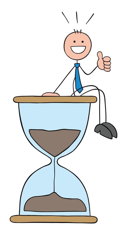 Stickman businessman is sitting on the big hourglass, very happy and giving thumbs up, hand drawn cartoon vector illustration