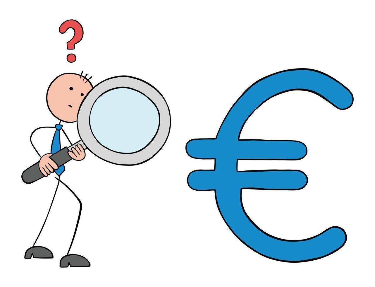 Stickman businessman holding magnifying glass against euro symbol and examining financial statements, hand drawn outline cartoon vector illustration