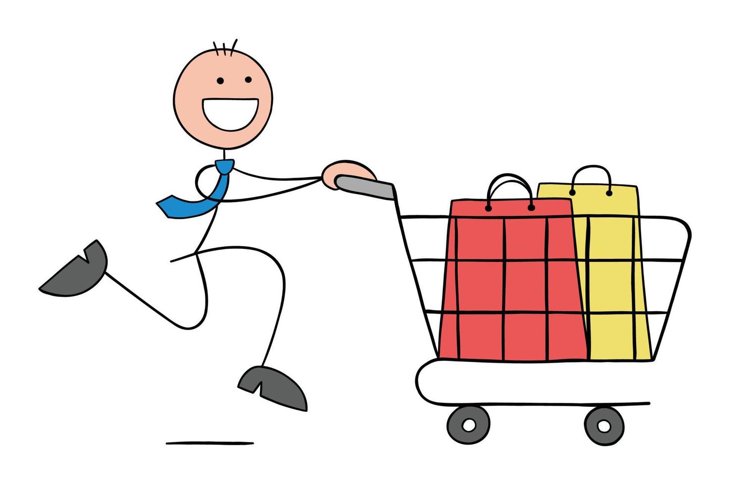 Stickman businessman is running the shopping cart, there are shopping bags in it, hand drawn outline cartoon vector illustration