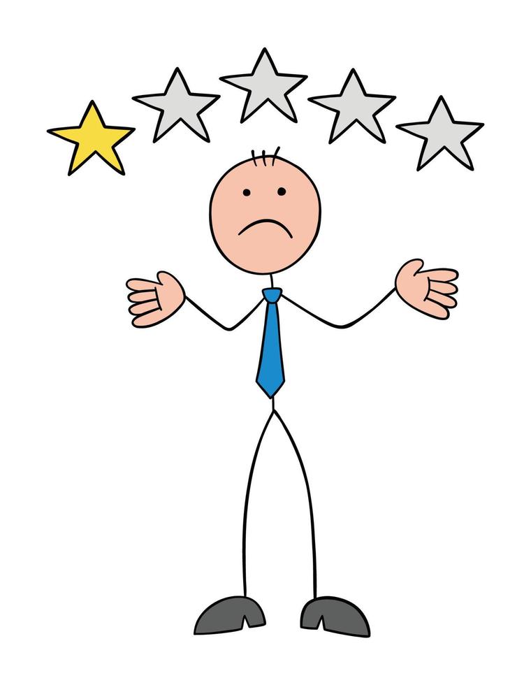 Stickman businessman is unhappy with the service or product as a customer and gives 1 star, hand drawn cartoon vector illustration