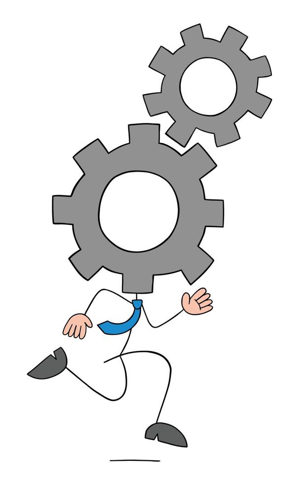 Stickman businessman with spinning gears hand and running, hand drawn outline cartoon vector illustration