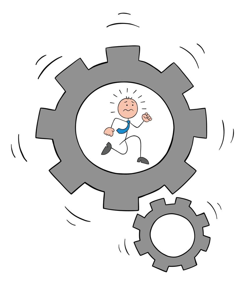 Stickman businessman is very stressful and running in spinning gears, hand drawn outline cartoon vector illustration